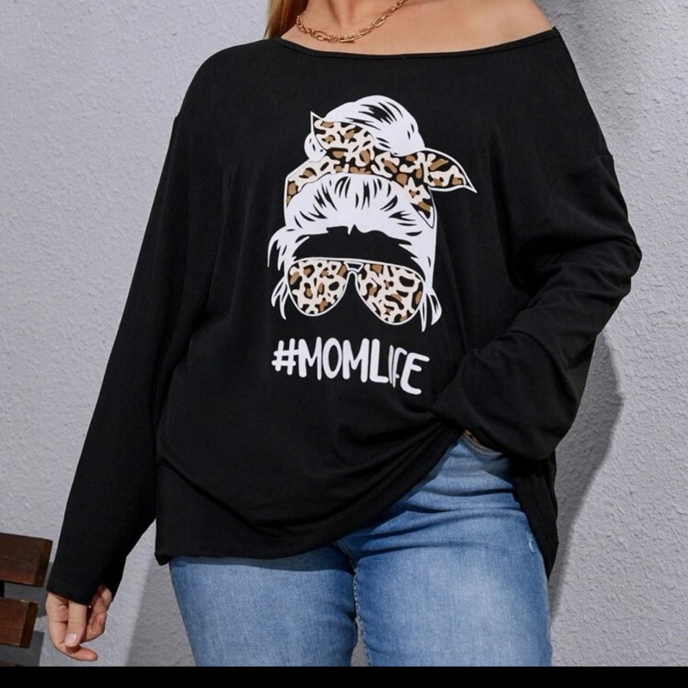 #momlife Plus Letter And Figure Graphic Asymmetrical Neck Drop Shoulder Tee